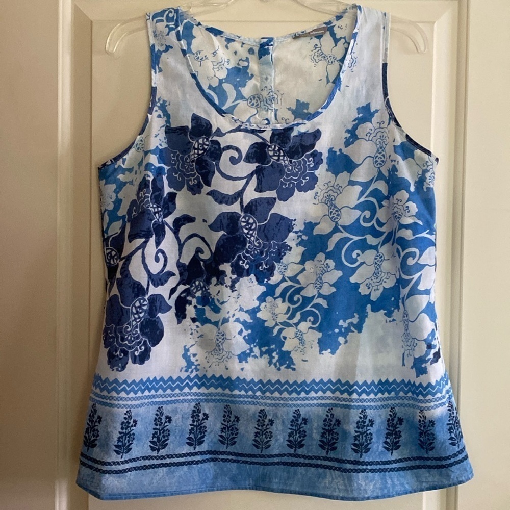 Marks & Spencer cotton sleeveless tank 1/4 button up back blue white floral US8